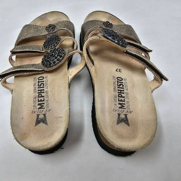 MEPHISTO STRAPPY SANDALS GOLD LEATHER BLACK CHARM WEDGE HEELS 37 US SIZE 7 - Picture 3 of 8